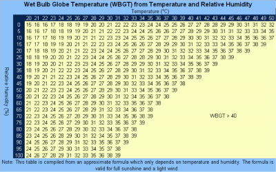 Example of a chart showing Web bulb globe temperature from temperature and relative humidity